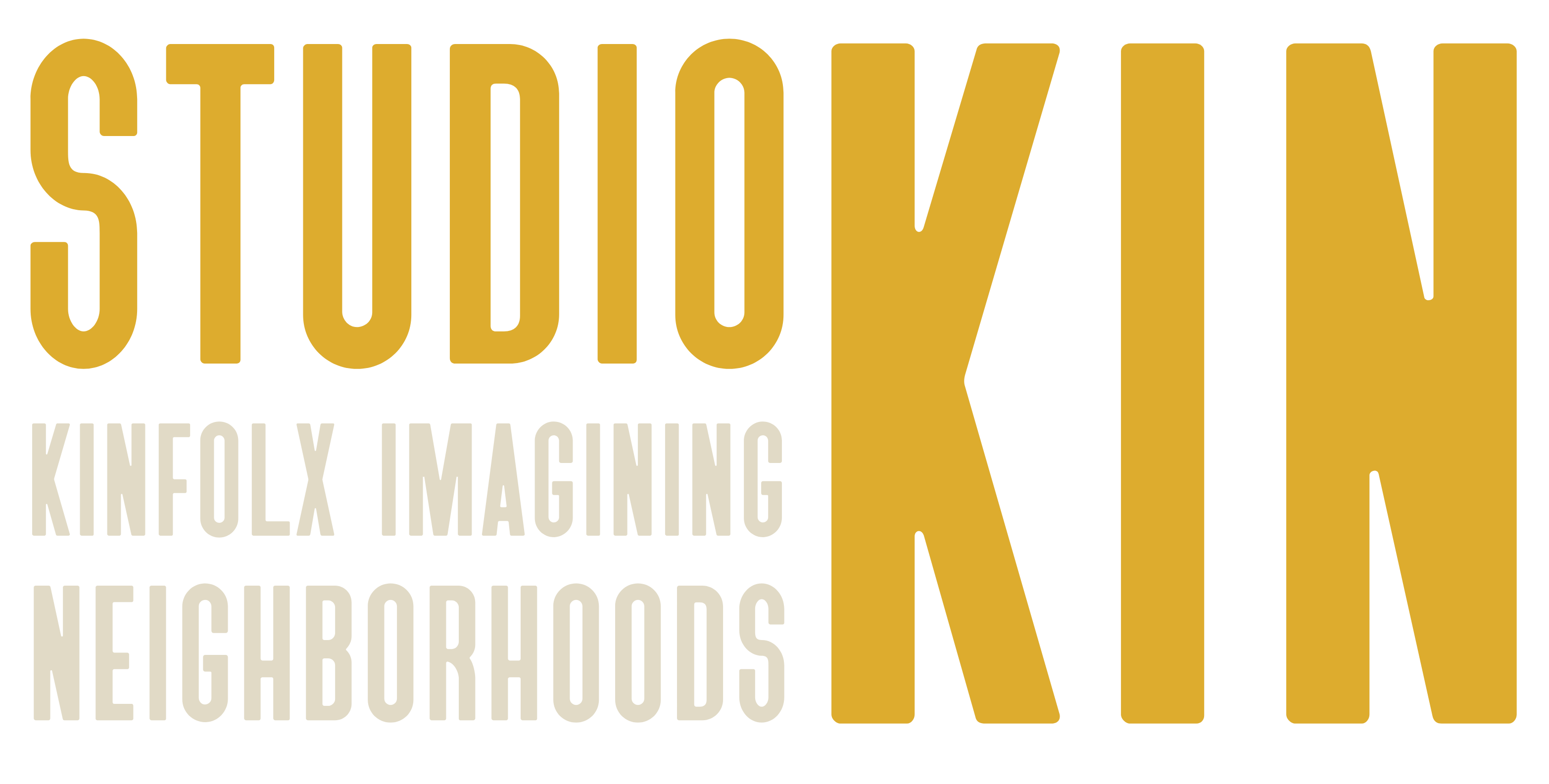 Text that reads "STUDIO KIN" with "KIN" in large yellow letters and "Studio" above in smaller letters, accompanied by "Kinfolk Imagining Neighborhoods" in white letters below. The background is black, emphasizing the bold design of the typography.